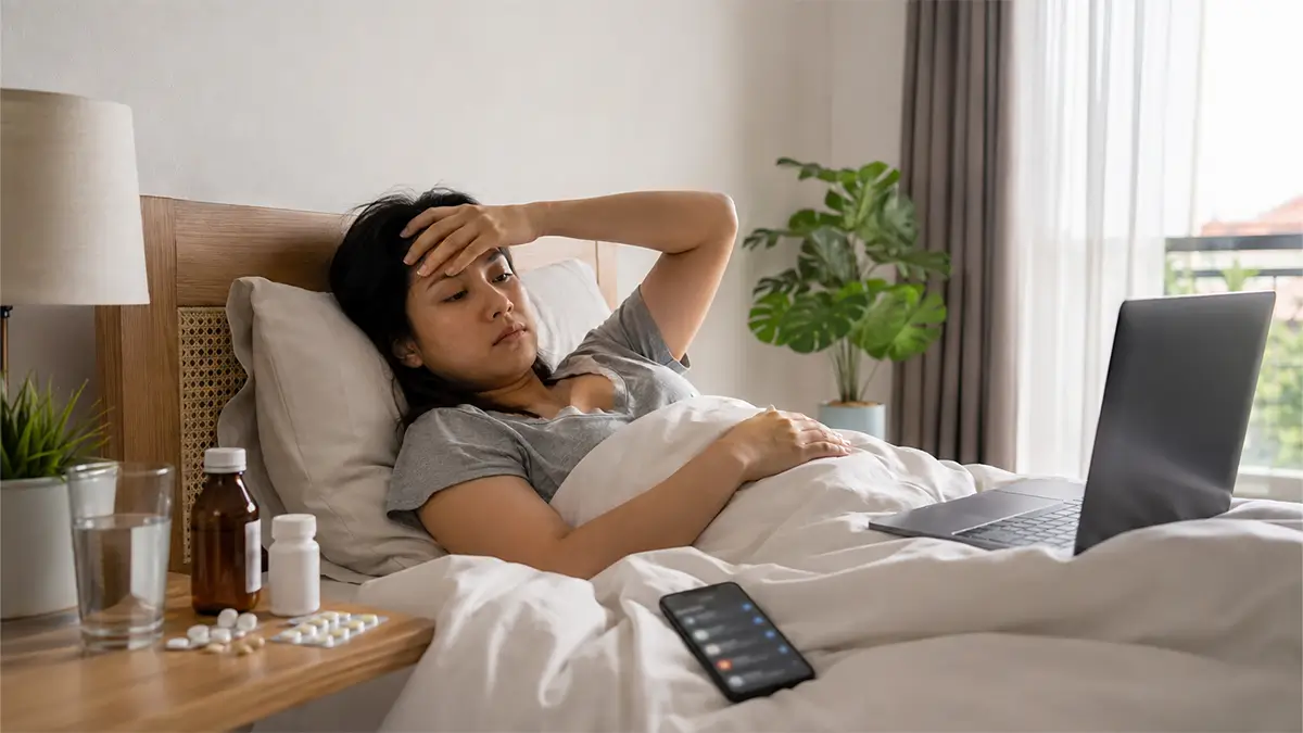 Perempuan sedang sakit beristirahat di tempat tidur dengan laptop, obat, dan ponsel di dekatnya