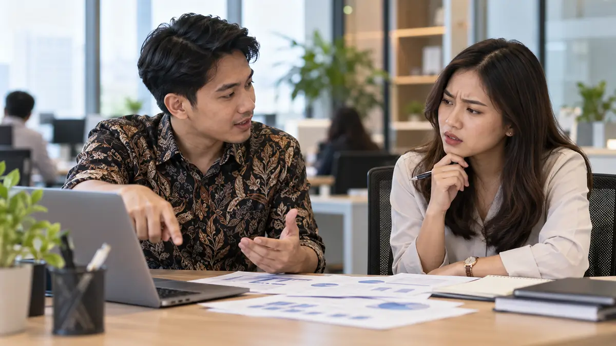 Rekan kerja mengalami salah paham dalam komunikasi saat berdiskusi di kantor