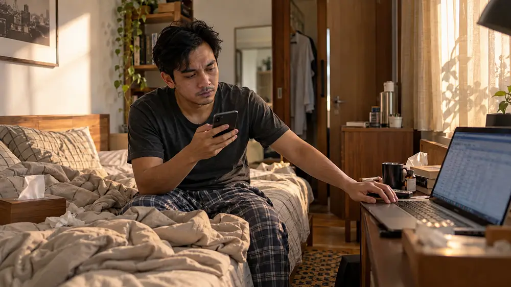 Pria duduk di tepi tempat tidur sambil memeriksa ponsel dan membuka laptop berisi laporan pekerjaan meskipun sedang kurang sehat.