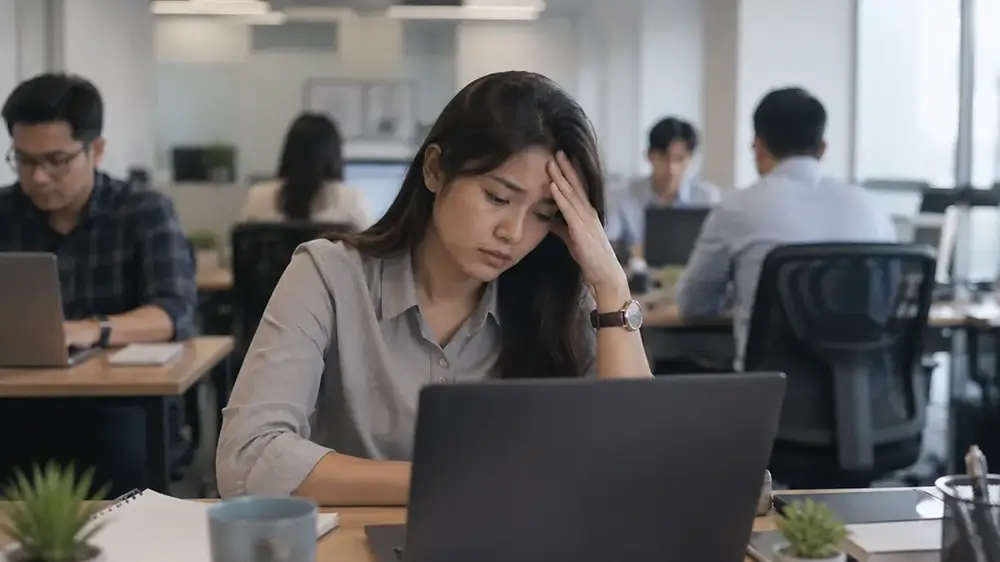 Karyawan perempuan terlihat tidak fit dan memegang kepala sambil bekerja menggunakan laptop di kantor