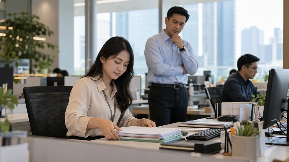 Atasan memperhatikan karyawati yang sedang menyusun dokumen pekerjaan di meja kantor.