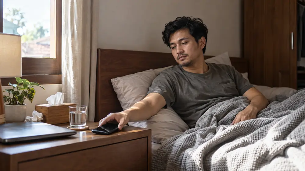 Pria yang sedang beristirahat di tempat tidur meletakkan ponsel di meja samping tempat tidur yang terdapat air minum dan tisu.