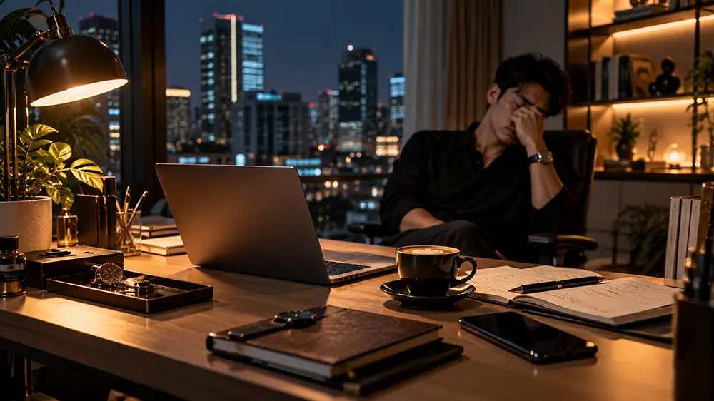 Karyawan kelelahan di depan laptop saat bekerja sendirian hingga larut malam