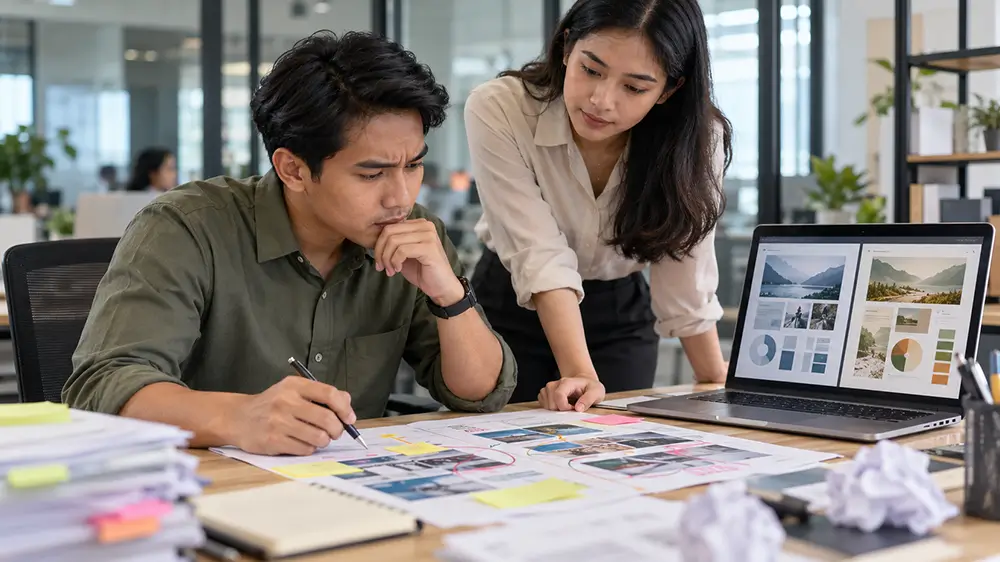 Dua rekan kerja memeriksa pekerjaan yang perlu diperbaiki akibat perbedaan pemahaman
