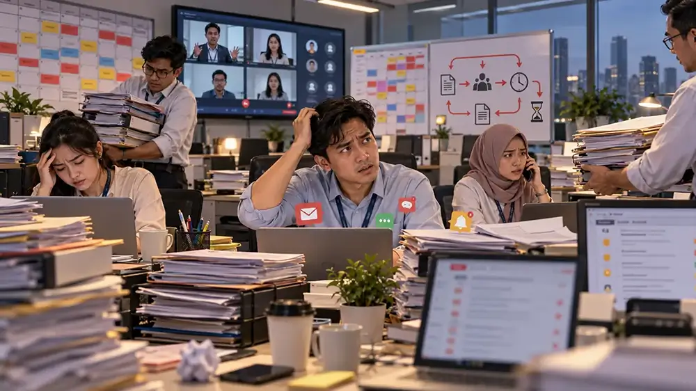 Karyawan kewalahan menghadapi tumpukan dokumen, notifikasi, rapat daring, dan pekerjaan di kantor