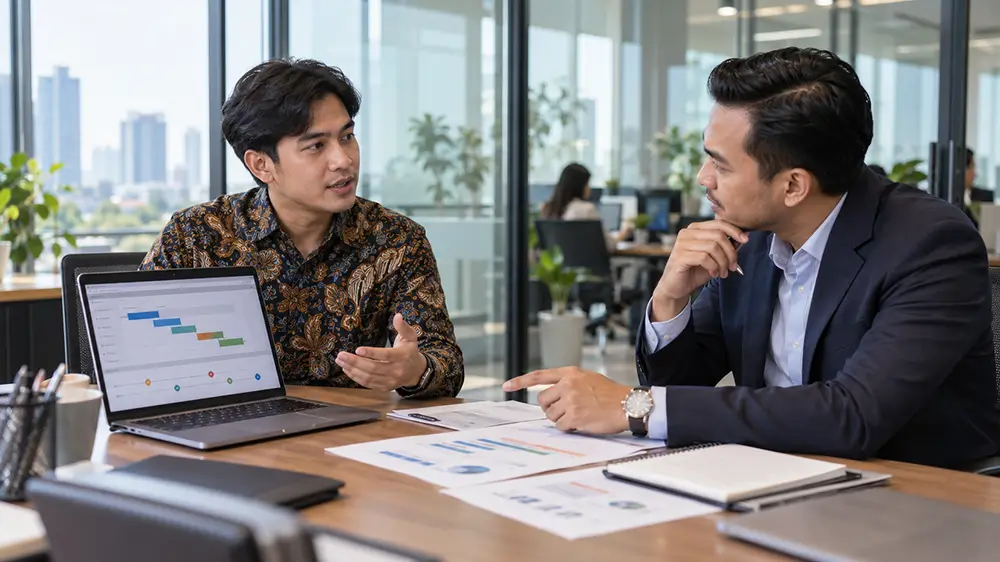 Dua pria sedang berdiskusi serius mengenai jadwal dan perkembangan pekerjaan yang ditampilkan pada layar laptop di ruang kantor.