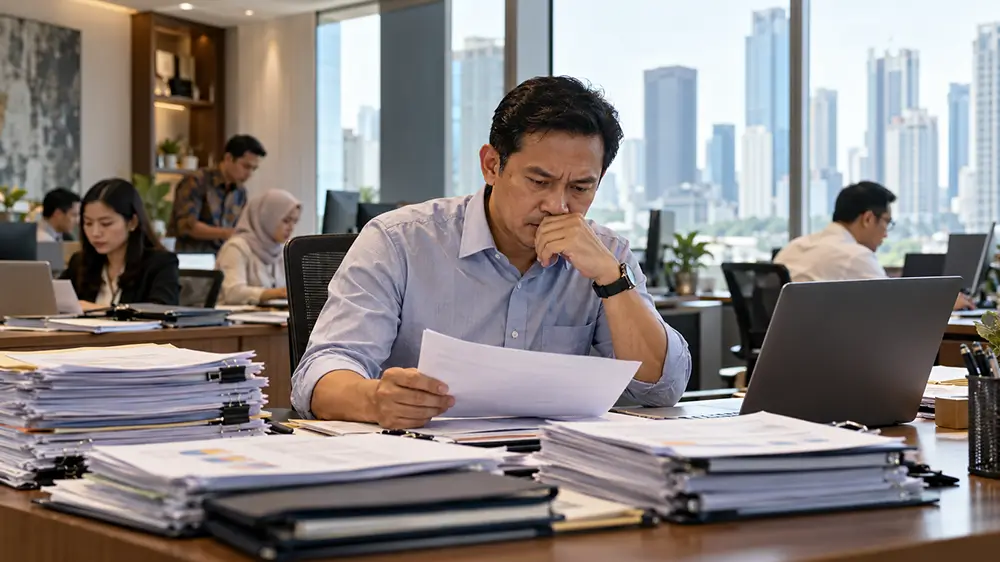 Pria di kantor terlihat berpikir serius saat memeriksa dokumen pekerjaan dengan tumpukan berkas dan laptop di mejanya.