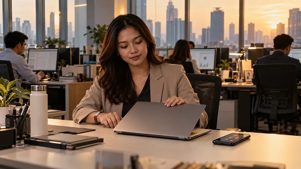 Karyawan perempuan menutup laptop di meja kerja setelah menyelesaikan pekerjaannya.