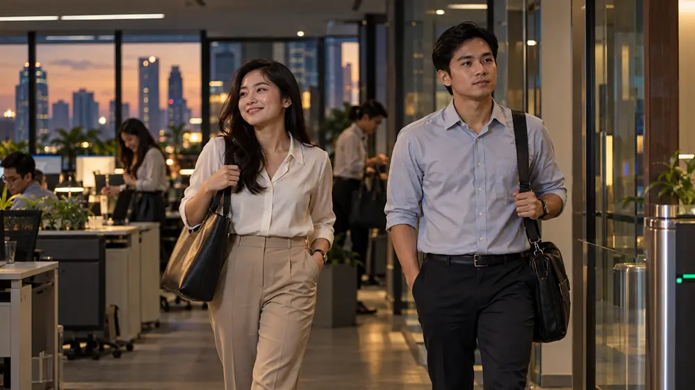 Dua karyawan berjalan meninggalkan ruang kantor sambil membawa tas setelah bekerja.