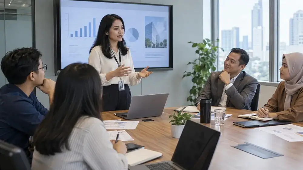 Karyawan perempuan mempresentasikan hasil kerja di hadapan rekan dan atasan dalam ruang meeting