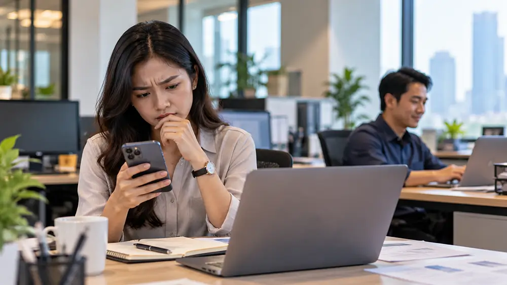 Karyawan perempuan melihat pesan di smartphone dengan ekspresi bingung di meja kerja