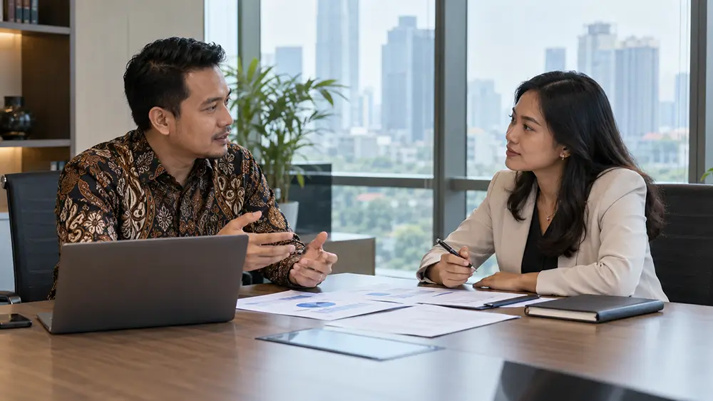 Seorang atasan laki-laki berdiskusi dengan karyawan perempuan yang sedang mencatat di ruang kantor dengan laptop dan dokumen di atas meja.