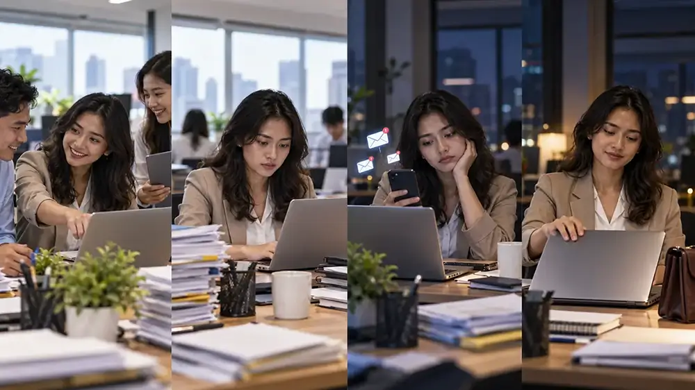 Kolase perubahan rutinitas karyawan dari bekerja hingga menutup laptop setelah jam kerja