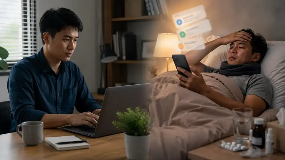 Pria sakit berbaring di tempat tidur sambil mengecek ponsel sementara pekerjaan tetap berjalan melalui laptop