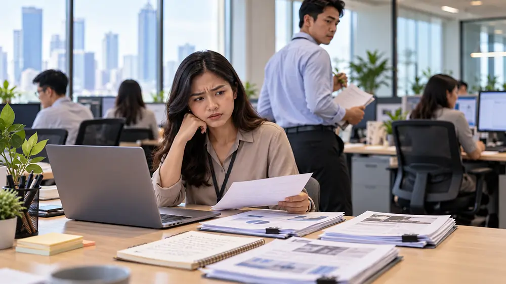 Karyawan perempuan terlihat memikirkan pembicaraan dengan rekan kerja setelah berdiskusi di kantor