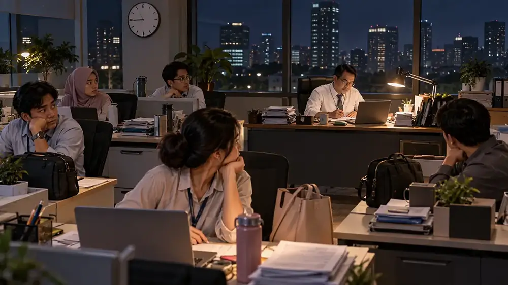 Beberapa karyawan melihat ke arah atasan yang masih bekerja sendirian di meja kantor pada malam hari