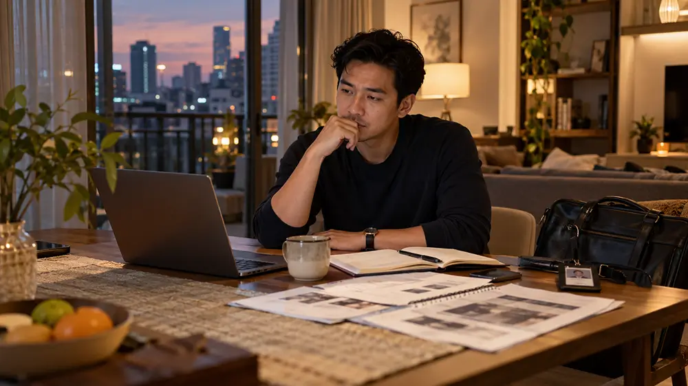 Karyawan duduk di depan laptop sambil berpikir serius di rumah untuk mempertimbangkan masa depan kariernya.