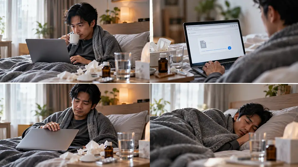 Karyawan yang kurang sehat bekerja di depan laptop dengan obat dan tisu di meja