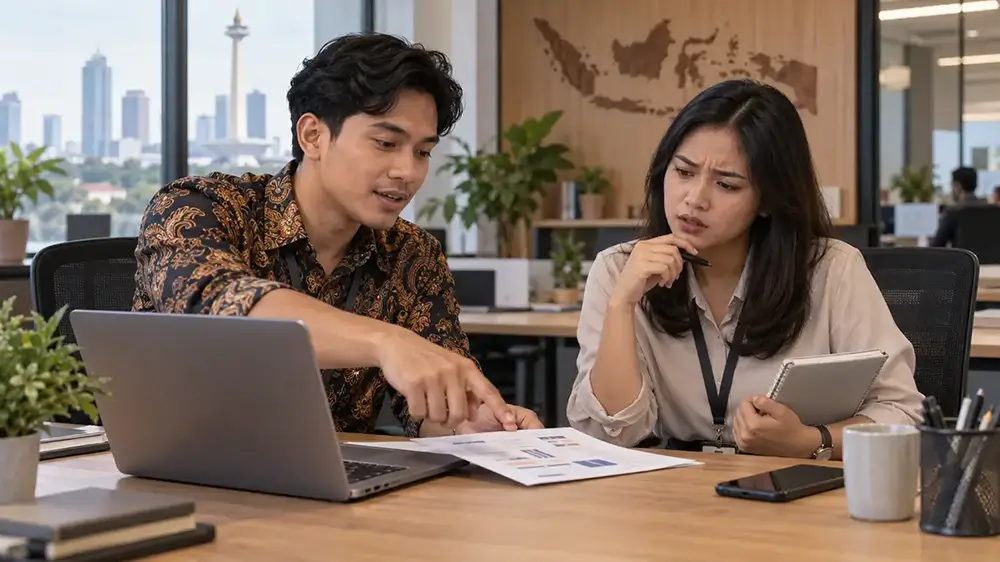 Pria menjelaskan pekerjaan kepada rekan kerja yang terlihat bingung di kantor