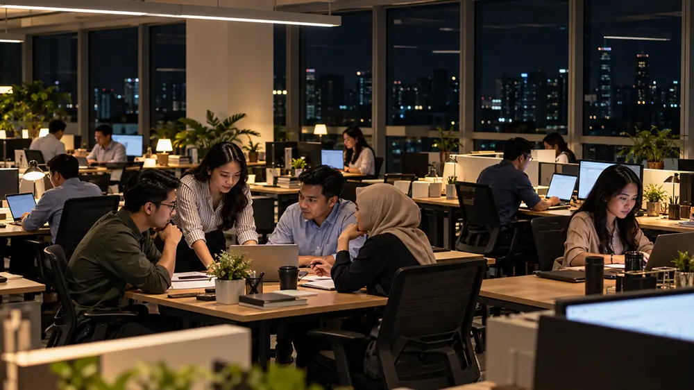 Karyawan bekerja dan berdiskusi di kantor pada malam hari sementara aktivitas kerja masih berlangsung