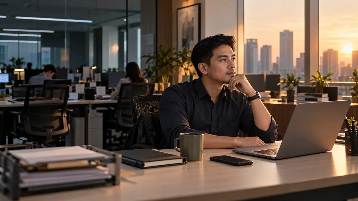 Karyawan pria duduk di depan laptop sambil berpikir di ruang kerja kantor.