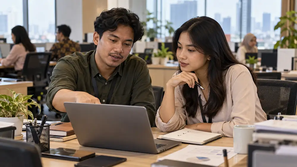 Dua rekan kerja berdiskusi bersama sambil melihat laptop untuk memastikan pekerjaan yang sama