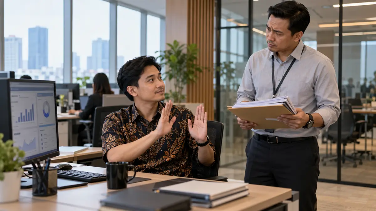Karyawan mengangkat kedua tangan saat menanggapi atasan yang membawa berkas pekerjaan tambahan di kantor.