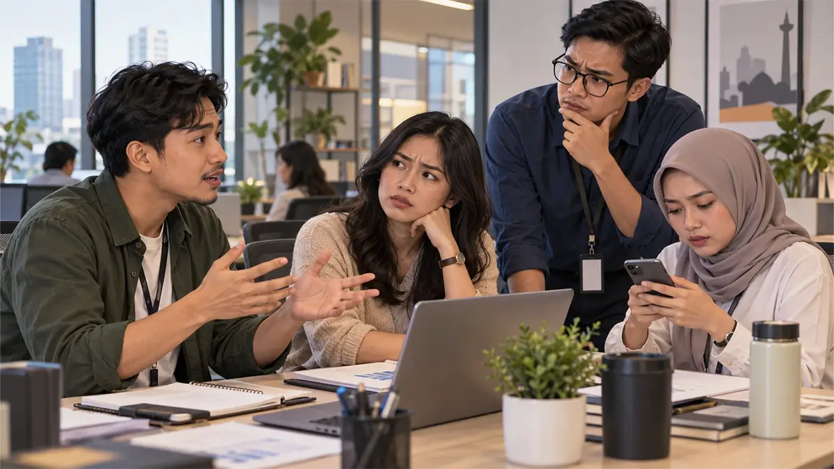 Rekan kerja berdiskusi dengan ekspresi bingung saat menghadapi masalah komunikasi di kantor