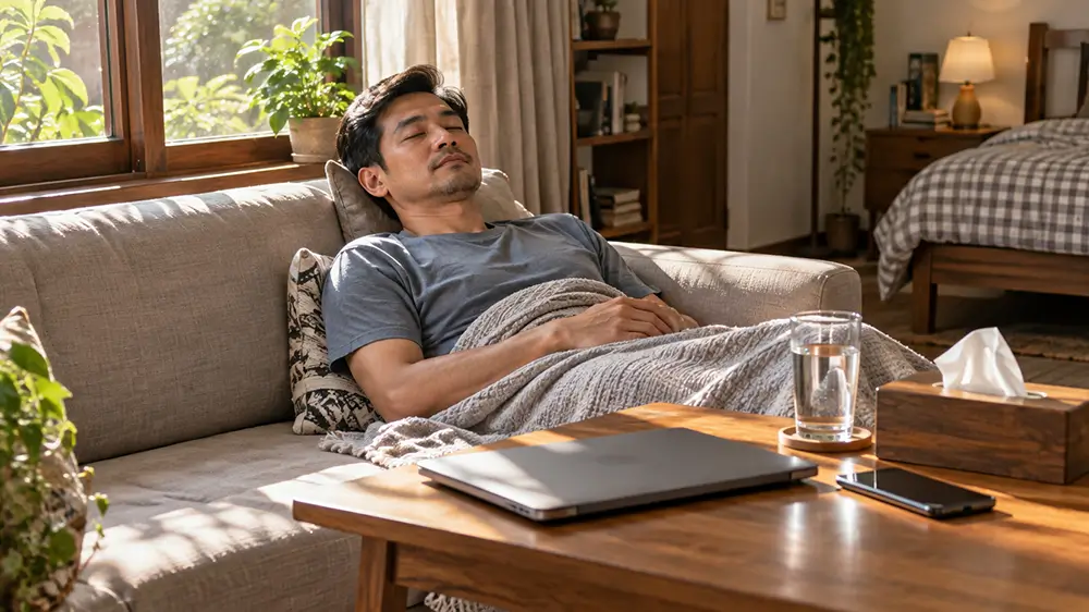 Pria beristirahat dengan mata terpejam di sofa sambil berselimut, dengan laptop tertutup dan ponsel di atas meja.