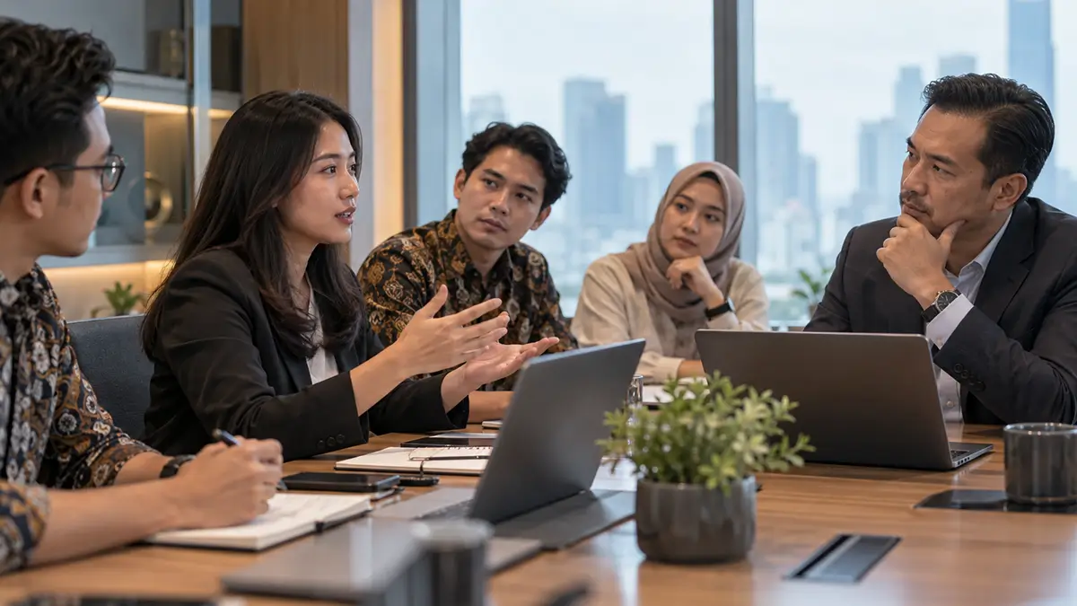 Karyawan menyampaikan pendapat kepada atasan dan rekan kerja dalam rapat perusahaan