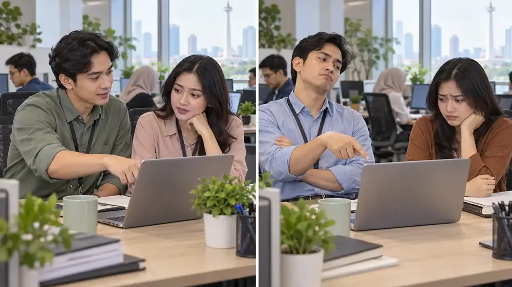 Perbandingan dua situasi saat rekan kerja berkomunikasi dengan sikap yang berbeda