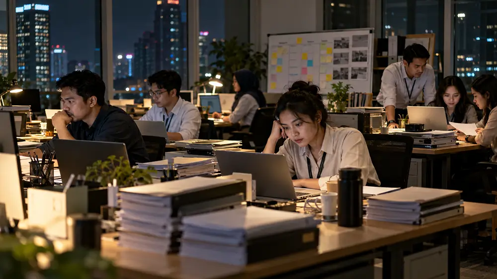 Para karyawan tetap bekerja hingga malam di kantor dengan banyak pekerjaan di meja