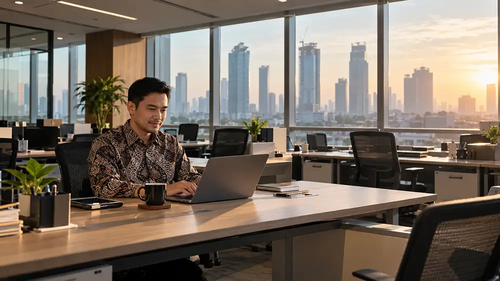 Karyawan pria bekerja dengan laptop di kantor yang sepi dengan cahaya matahari masuk melalui jendela besar.