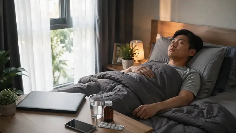 Pria sedang beristirahat di tempat tidur dengan laptop dan ponsel diletakkan di meja