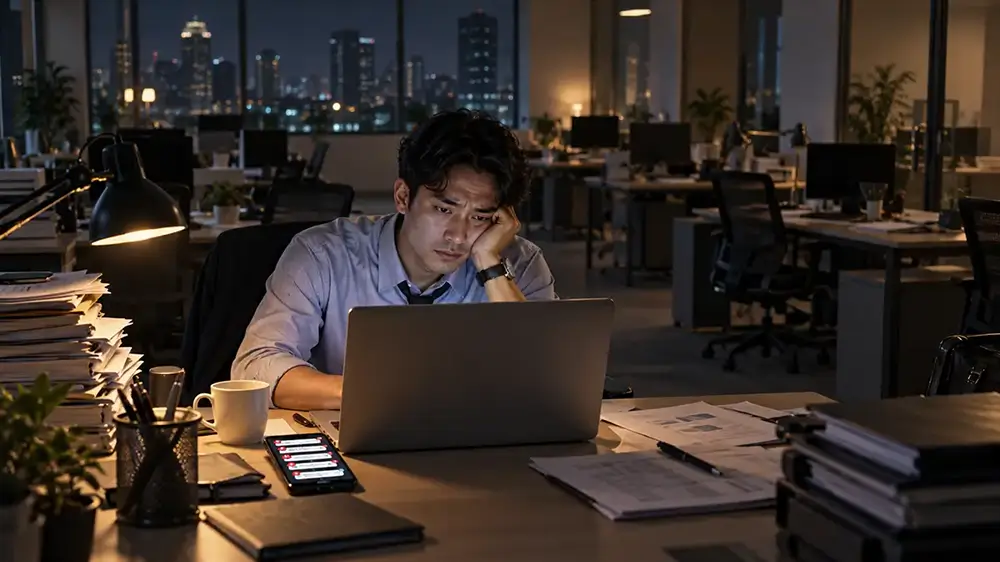 Karyawan bekerja sendirian hingga malam di depan laptop dengan tumpukan pekerjaan