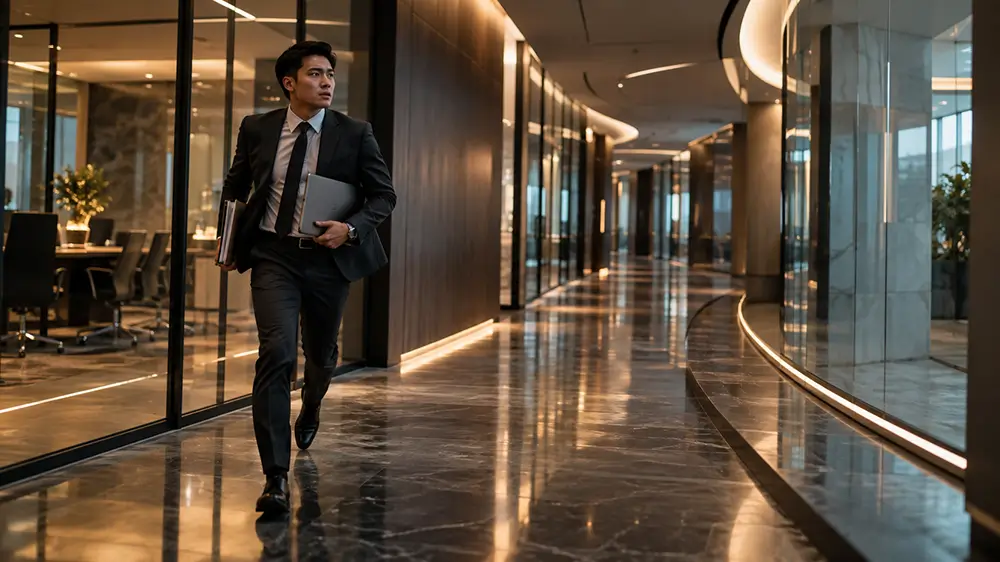 Karyawan berjalan cepat di koridor kantor sambil membawa laptop dan dokumen