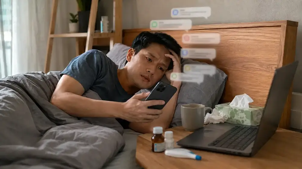 Pria sedang sakit di tempat tidur mengecek ponsel dengan laptop dan obat di dekatnya