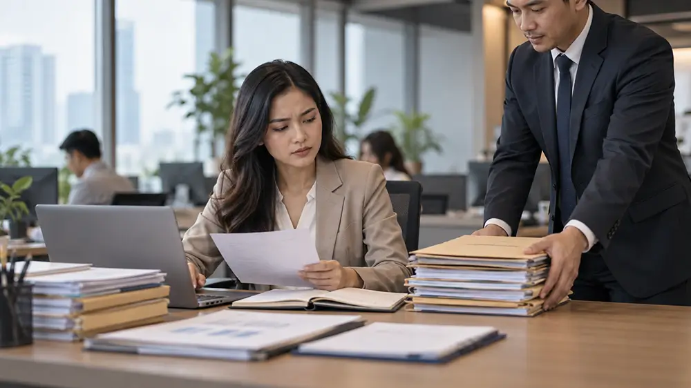 Atasan memberikan tumpukan pekerjaan tambahan kepada karyawan di kantor