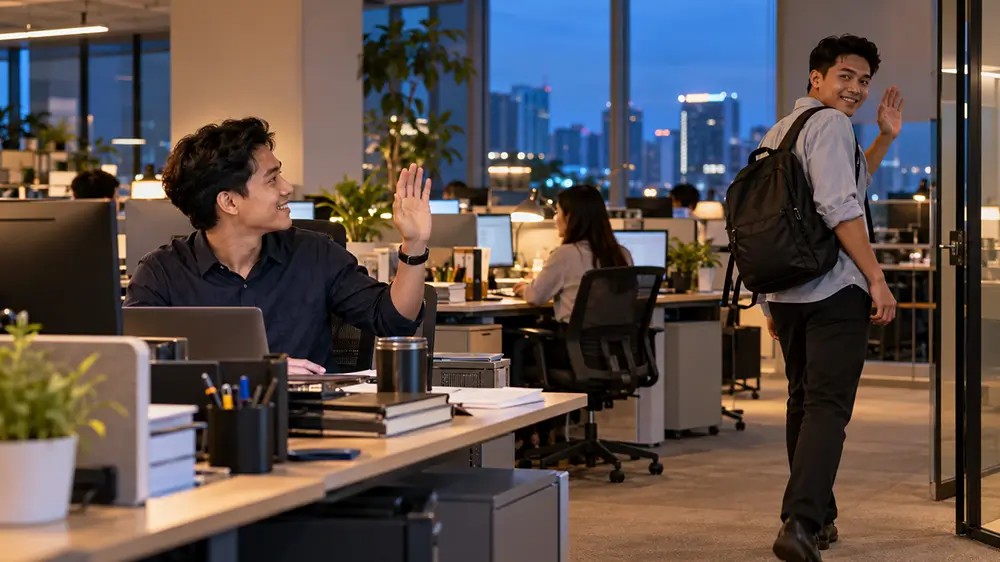 Karyawan yang masih duduk bekerja melambaikan tangan kepada rekan kerjanya yang hendak pulang lebih dulu dari kantor saat malam hari.