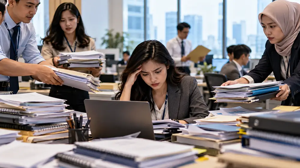 Karyawan wanita terlihat kewalahan di depan laptop saat beberapa rekan kerja datang membawa tumpukan dokumen dan pekerjaan tambahan.