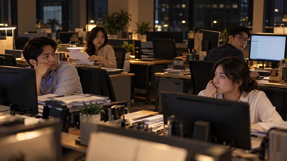 Sejumlah karyawan masih duduk di kantor pada malam hari dan saling melihat sebelum pulang.