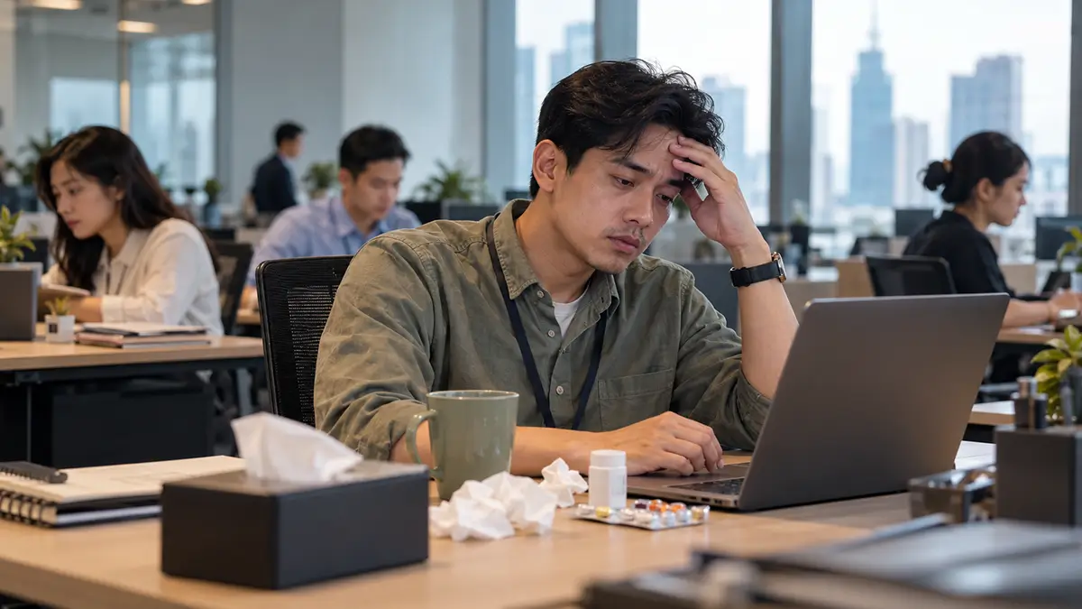 Karyawan tetap bekerja di kantor meski sedang sakit dan terlihat tidak enak badan