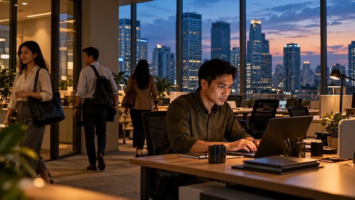 Karyawan masih bekerja di depan laptop hingga malam hari ketika rekan kerja lainnya sudah meninggalkan kantor.