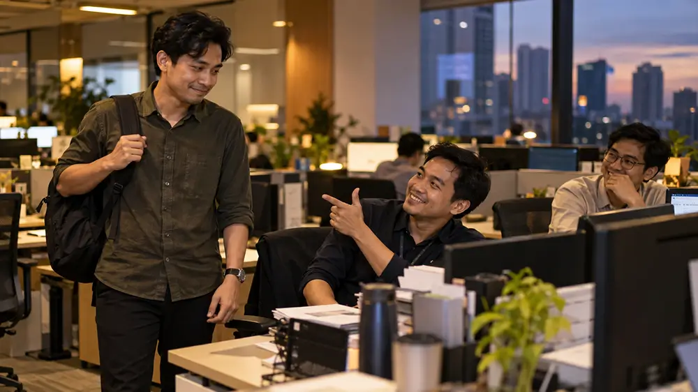 Karyawan yang hendak pulang membawa tas ransel mendapat candaan dari rekan kantor yang masih duduk bekerja di depan komputer.