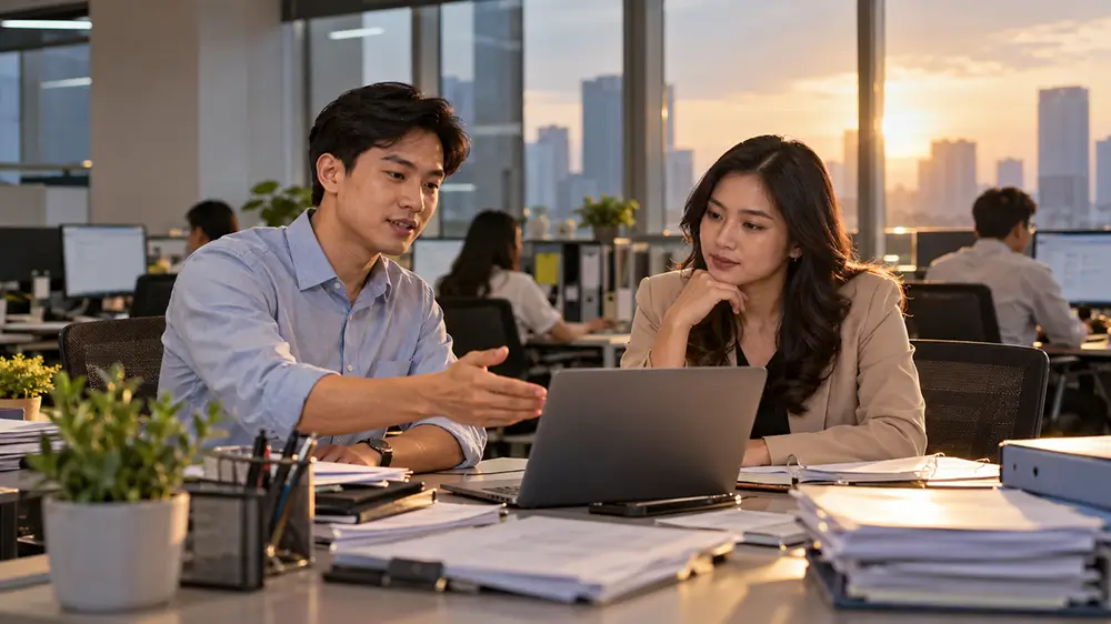 Dua rekan kerja berdiskusi di depan laptop dengan tumpukan dokumen di meja kantor menjelang sore hari.