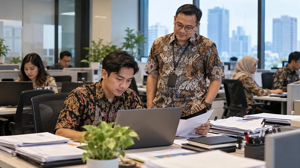 Dua karyawan pria mengenakan batik sedang memeriksa pekerjaan di laptop dengan tumpukan dokumen di meja kantor.