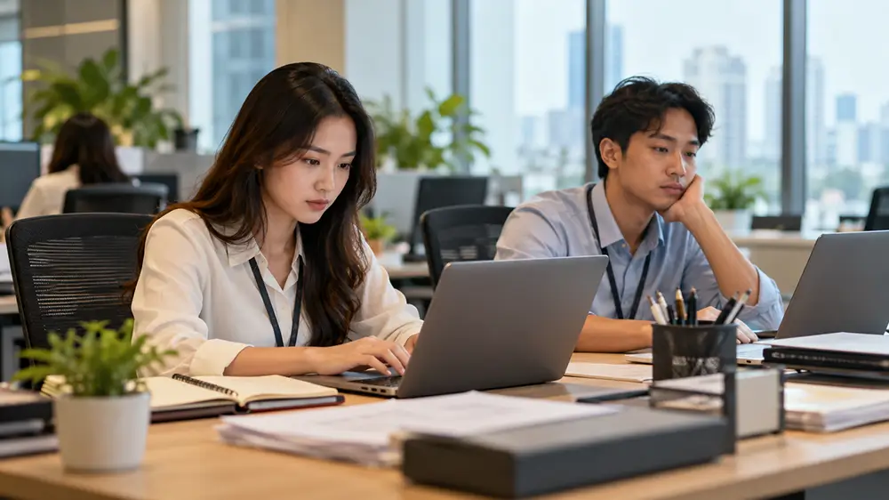 Dua karyawan dengan tingkat keterlibatan kerja berbeda di kantor