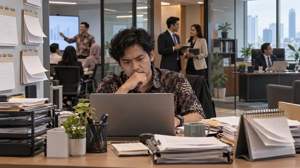 Karyawan terlihat berpikir serius di depan laptop dengan tumpukan pekerjaan di meja kantor