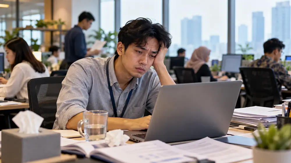 Karyawan terlihat lelah dan sulit berkonsentrasi saat bekerja di depan laptop