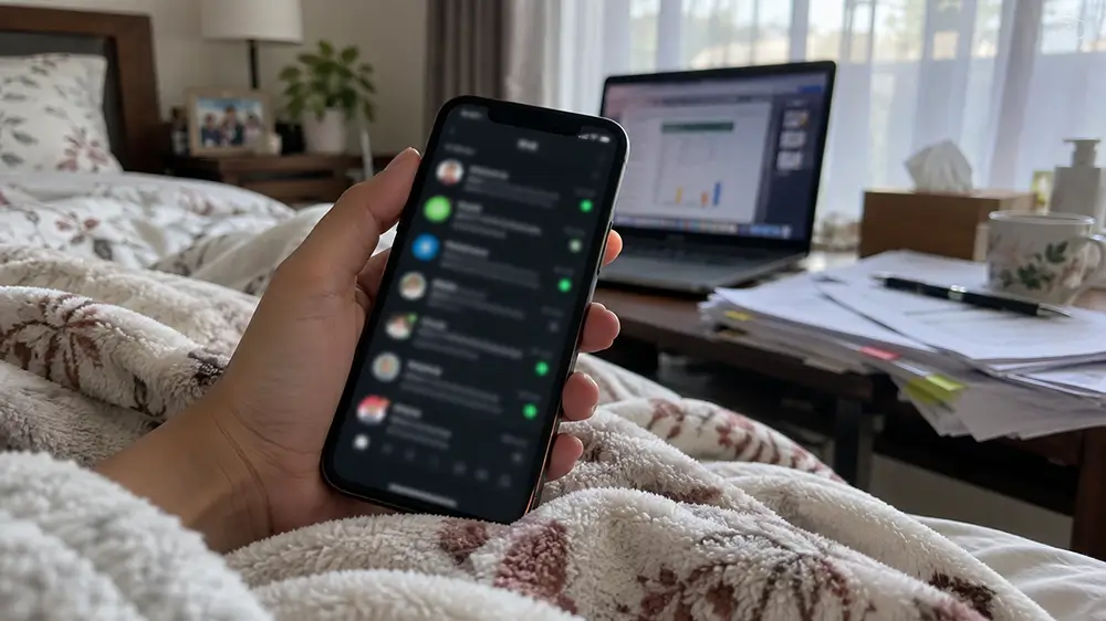 Karyawan berbaring di tempat tidur sambil memeriksa pesan di ponsel dengan laptop dan dokumen pekerjaan di dekatnya.